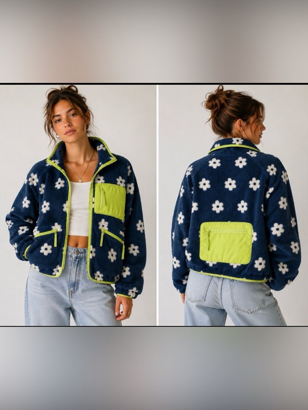 Urban Outfitters Daisy Print Y2K Stormi Flower Print Fleece Jacket Size Small